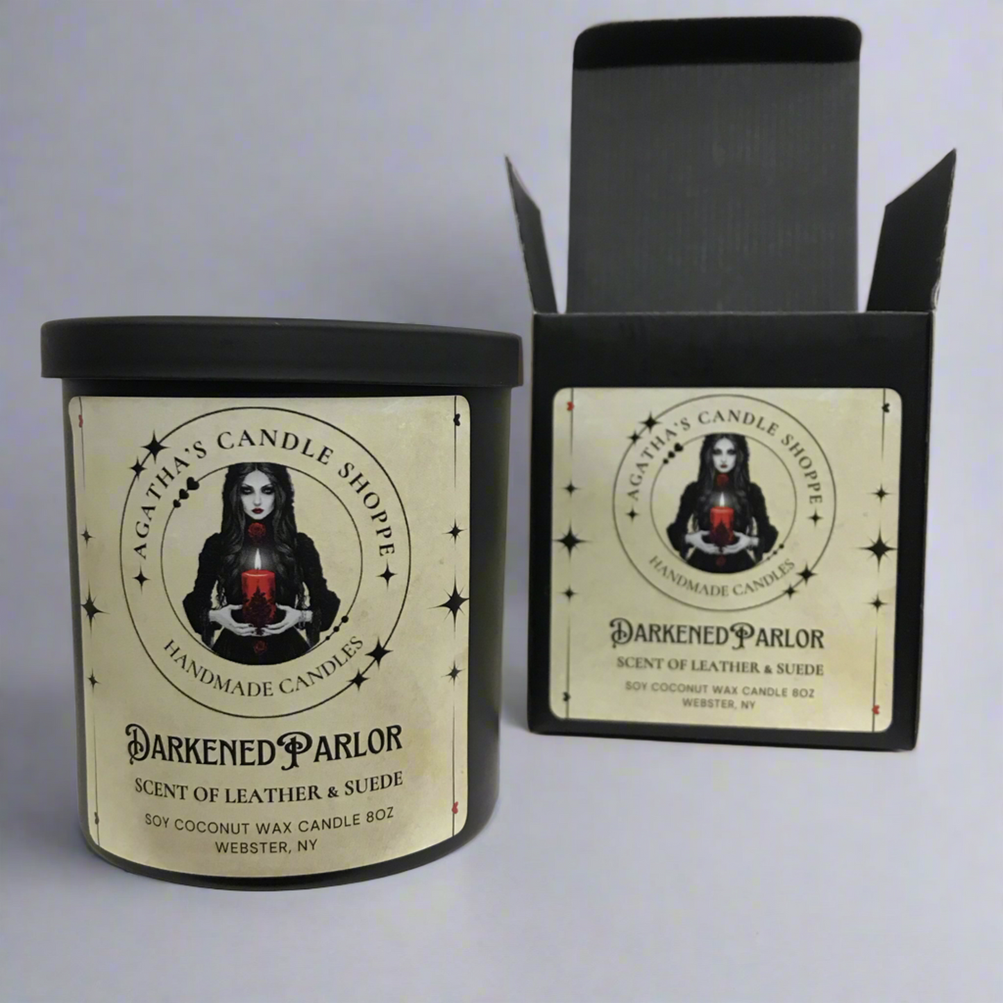 Darkened Parlor Natural Soy Candle, front view of package with candle near box