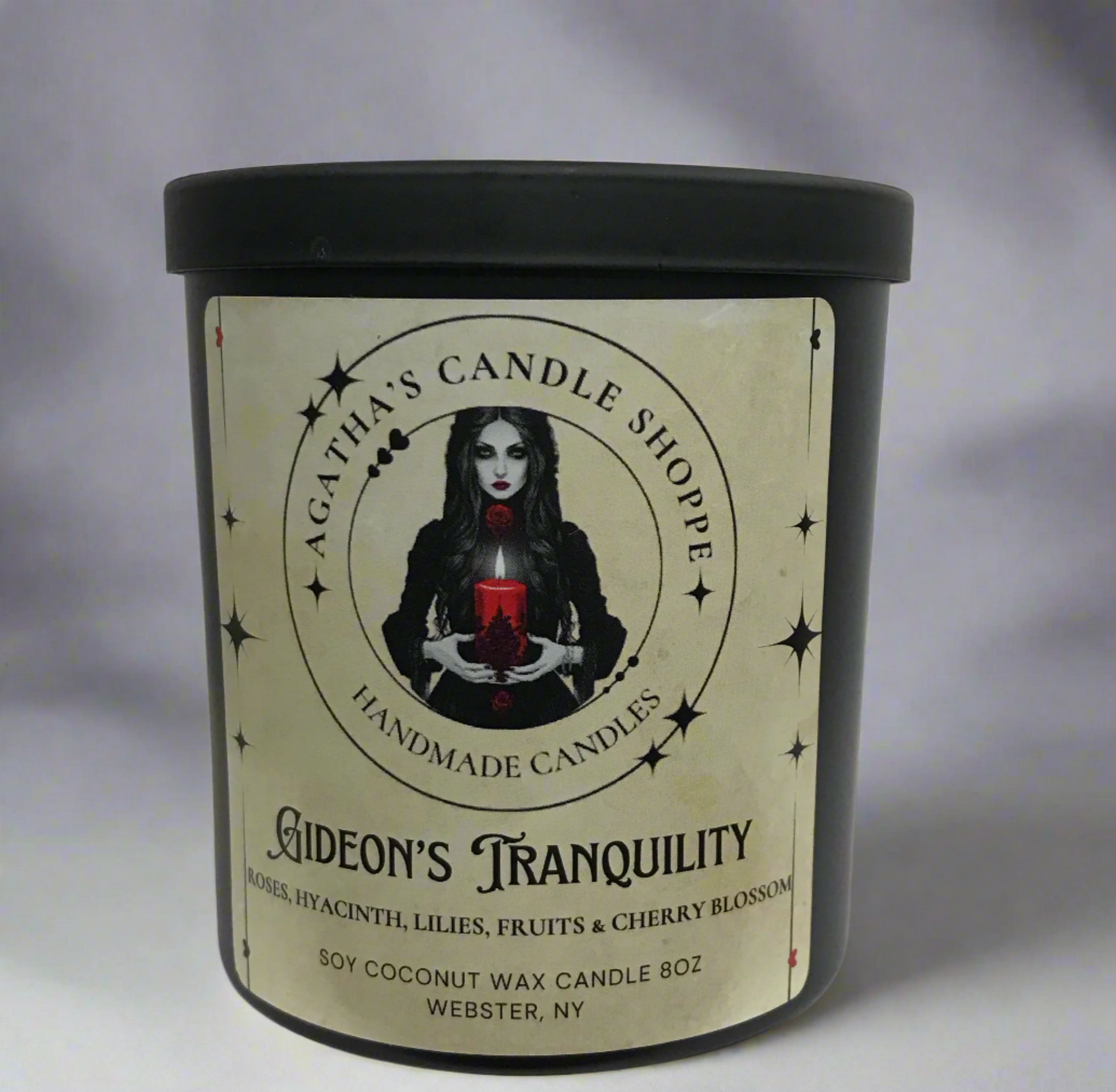 Gothic, witchy candle named Gideon's tranquility made of Soy Candle against a grey background