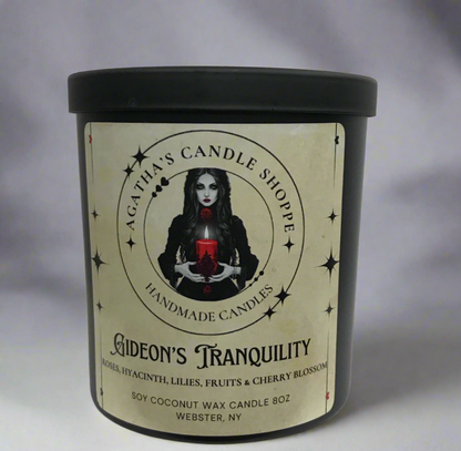 Gothic, witchy candle named Gideon's tranquility made of Soy Candle against a grey background