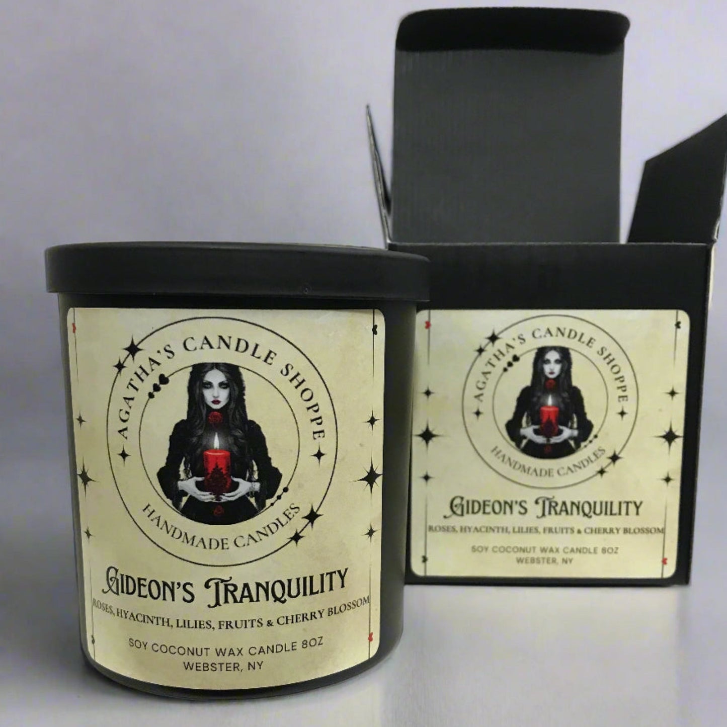 Gideon's tranquility Soy Candle, front package label with gothic, witchy vibe