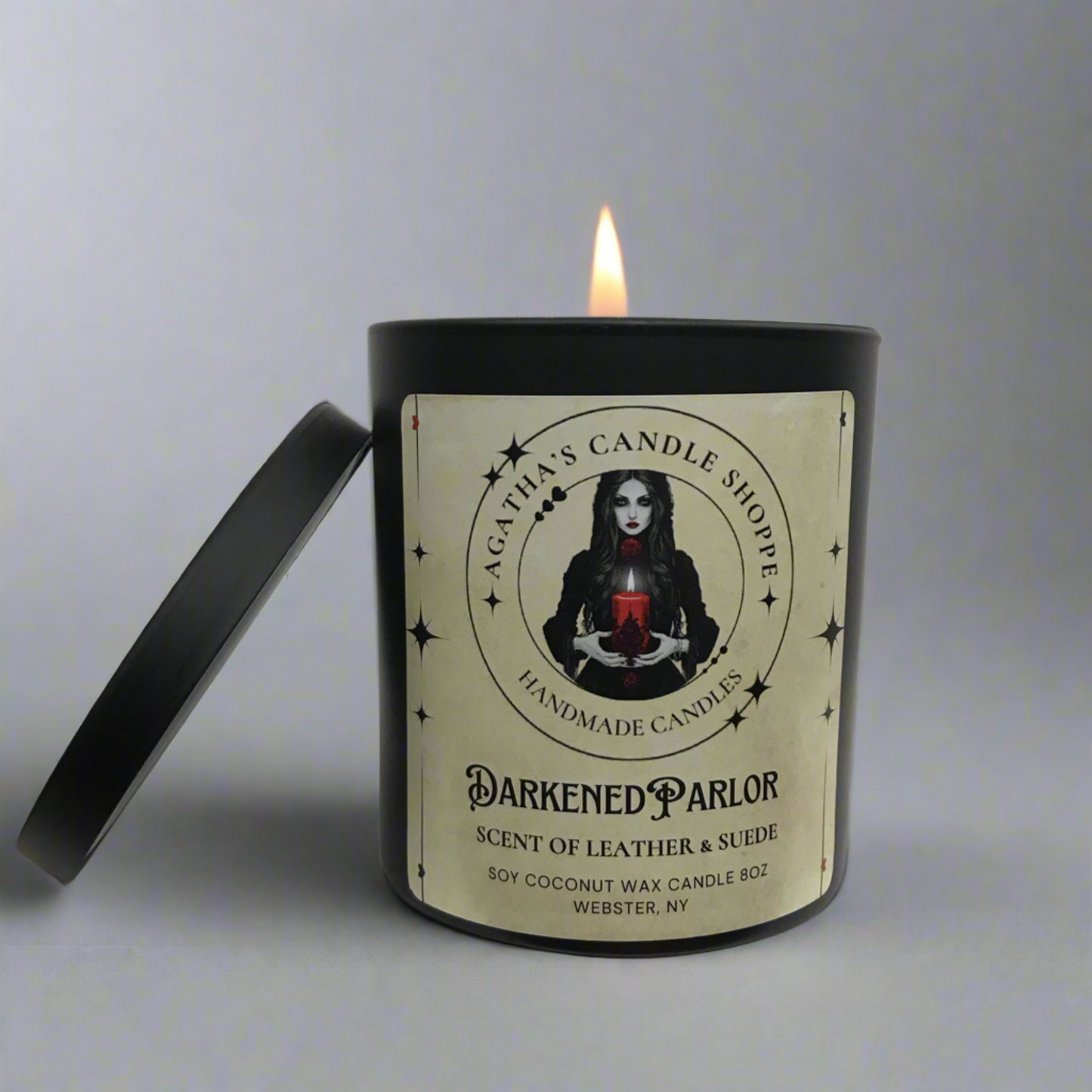 Darkened Parlor Natural Soy gothic witchy candle, lit with lid