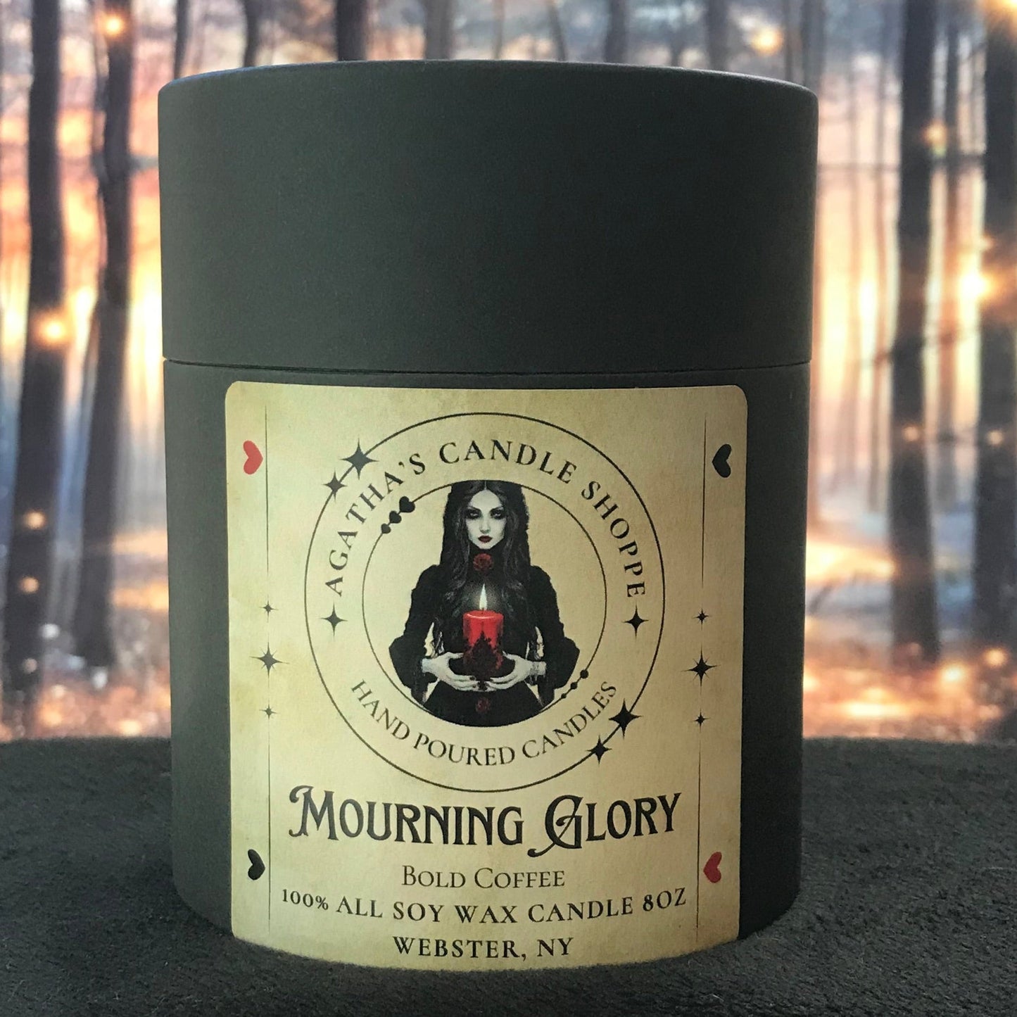 Dark gothic soy candle titled “Mourning Glory,” evoking dawn, grief, ritual, and the comforting warmth of coffee rising through the last shadows of night.