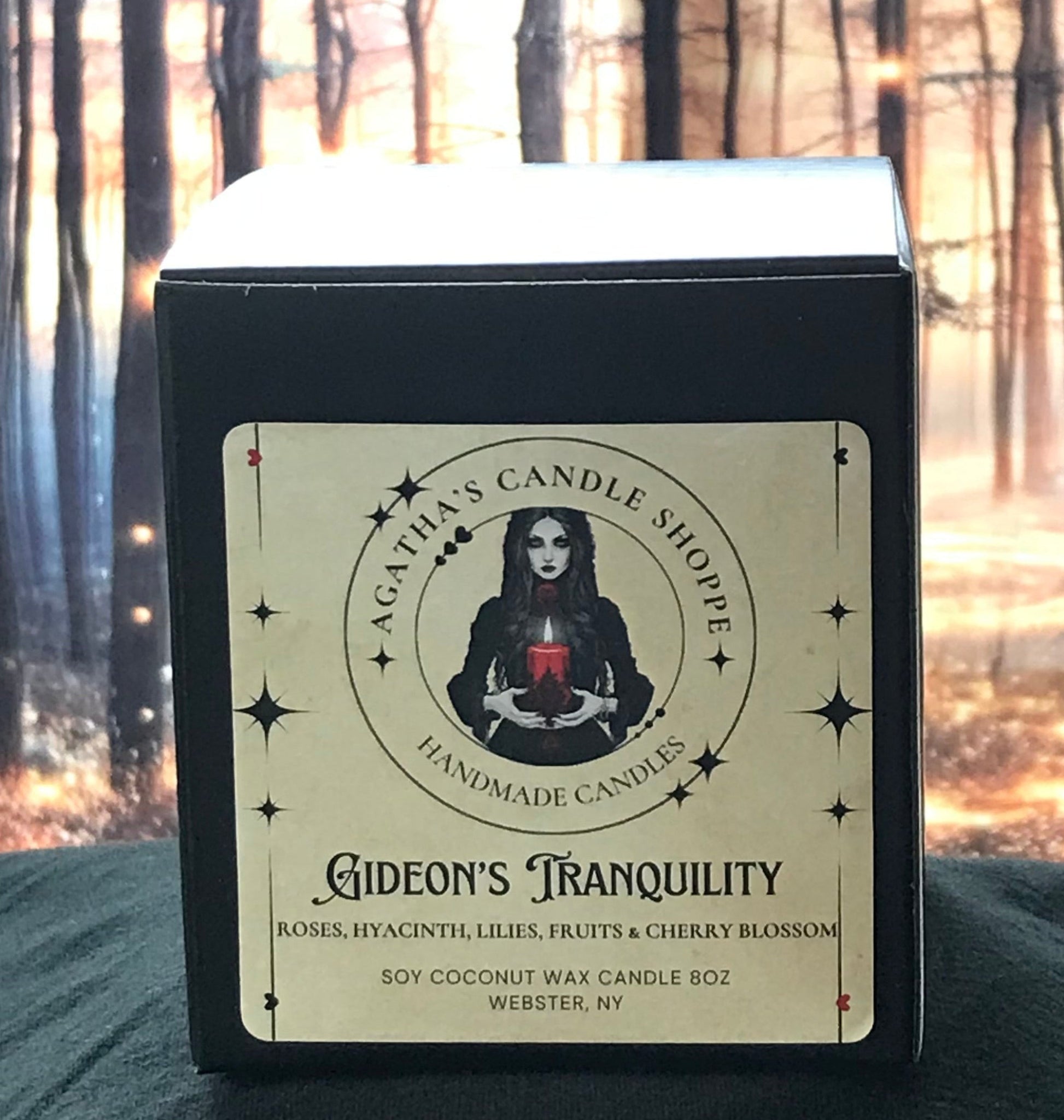 Gideon's Tranquility Soy Candle with a black box and gothic theme , background of a forrest with mystical magical twinkles of light